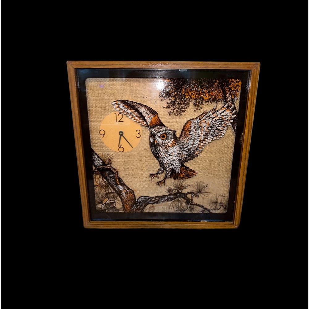 Vintage Reverse Painted Owl Shadowbox Clock Large Square Elgin Works